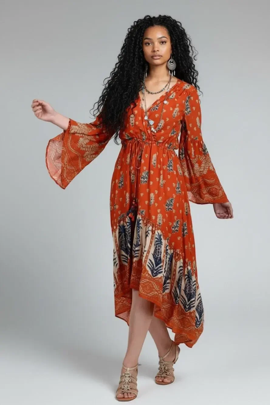 Label Ritu Kumar Rust Orange Boho Printed High-Low Maxi Dress Bell Sleeve Small